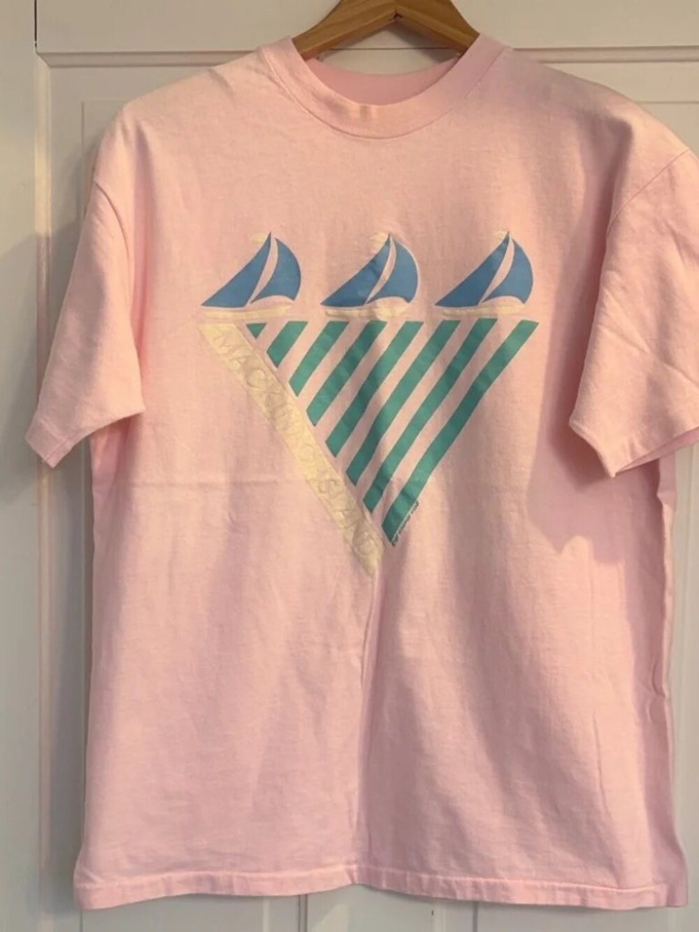 Vintage Hanes Light Pink Women’s Mackinac Island Tee with Sailboat Graphic